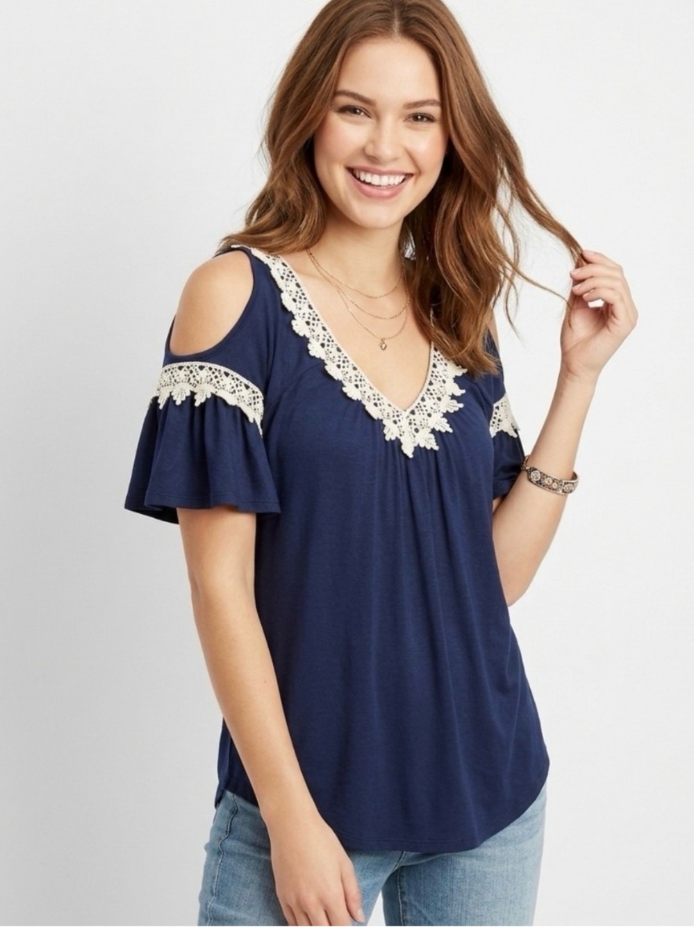 Cold-Shoulder Navy Lace-Trim V-Neck Top resembles a free people top boho style